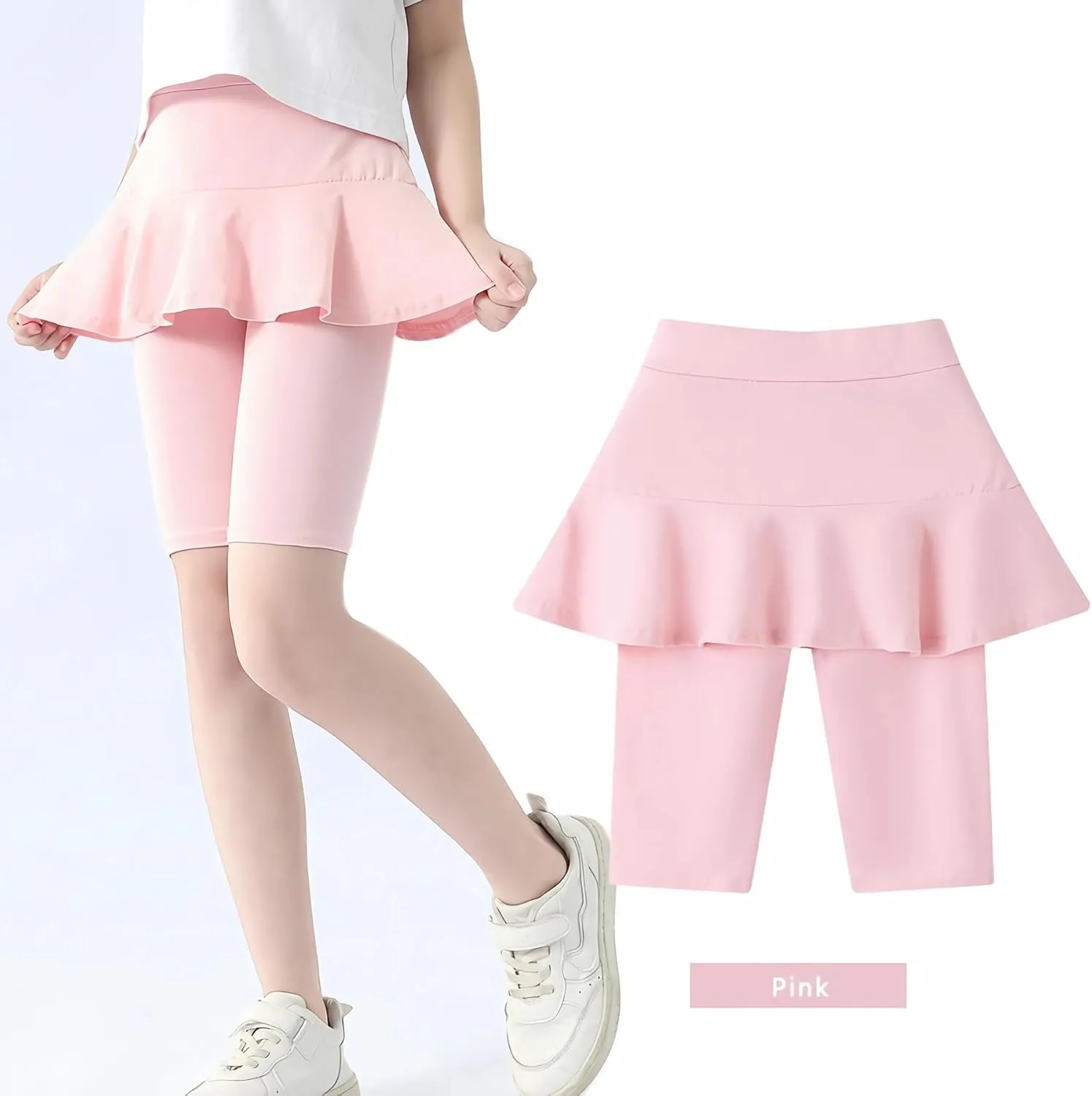 Girls' Knee Length Shorts with Skirt Capri Leggings Kids Summer Casual Sports Shorts 3-11 Years