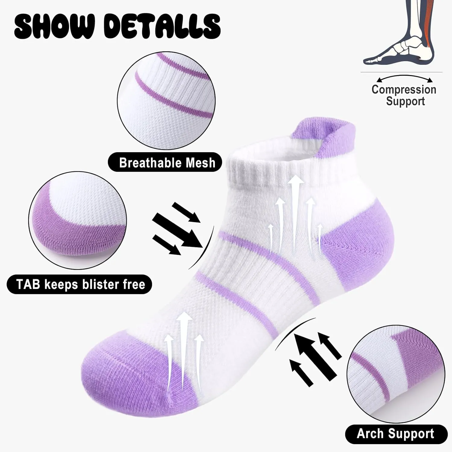 Girls Socks Kids Ankle Athletic Socks With Cushioned Sole for Girls 5-7 7-10 10-14