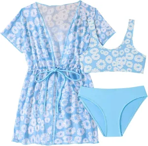 Girls Swimsuit 3 Piece Bathing Suit Ring Bikini Set with Quick 𝗗ry Cover Up Girls' Summer Swimwear for Toddler Girl