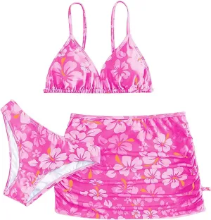 Girls Swimsuit 3 Piece Tropical Print Bikini Set Modest Swim Skirt Bikini with Skirt Tankini Bathing Suits Swimwear