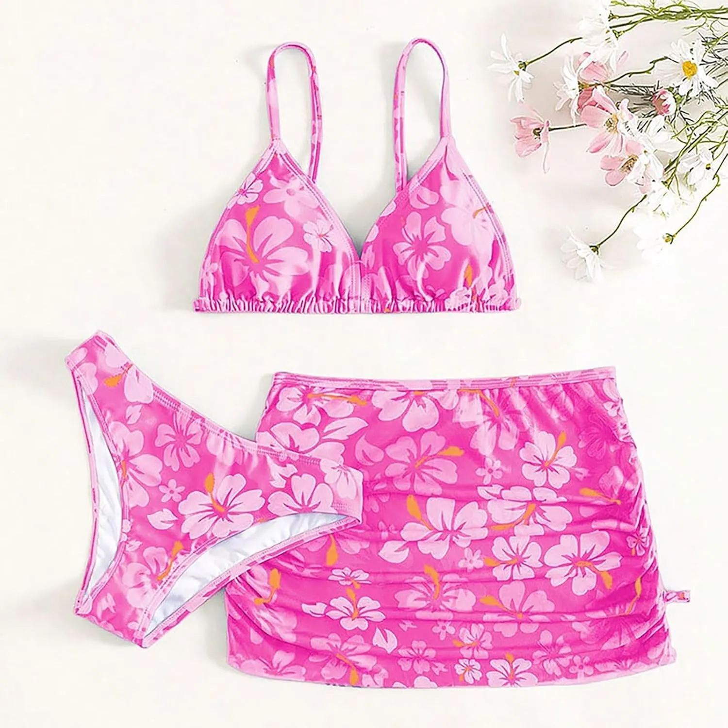 Girls Swimsuit 3 Piece Tropical Print Bikini Set Modest Swim Skirt Bikini with Skirt Tankini Bathing Suits Swimwear