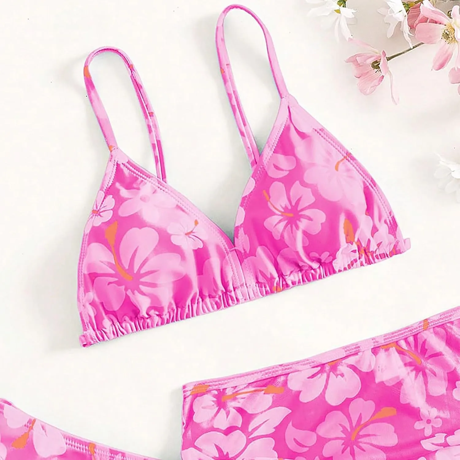 Girls Swimsuit 3 Piece Tropical Print Bikini Set Modest Swim Skirt Bikini with Skirt Tankini Bathing Suits Swimwear