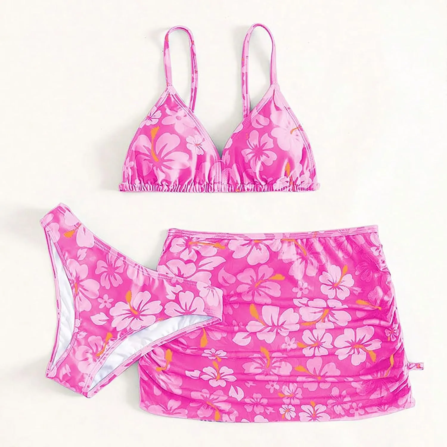 Girls Swimsuit 3 Piece Tropical Print Bikini Set Modest Swim Skirt Bikini with Skirt Tankini Bathing Suits Swimwear
