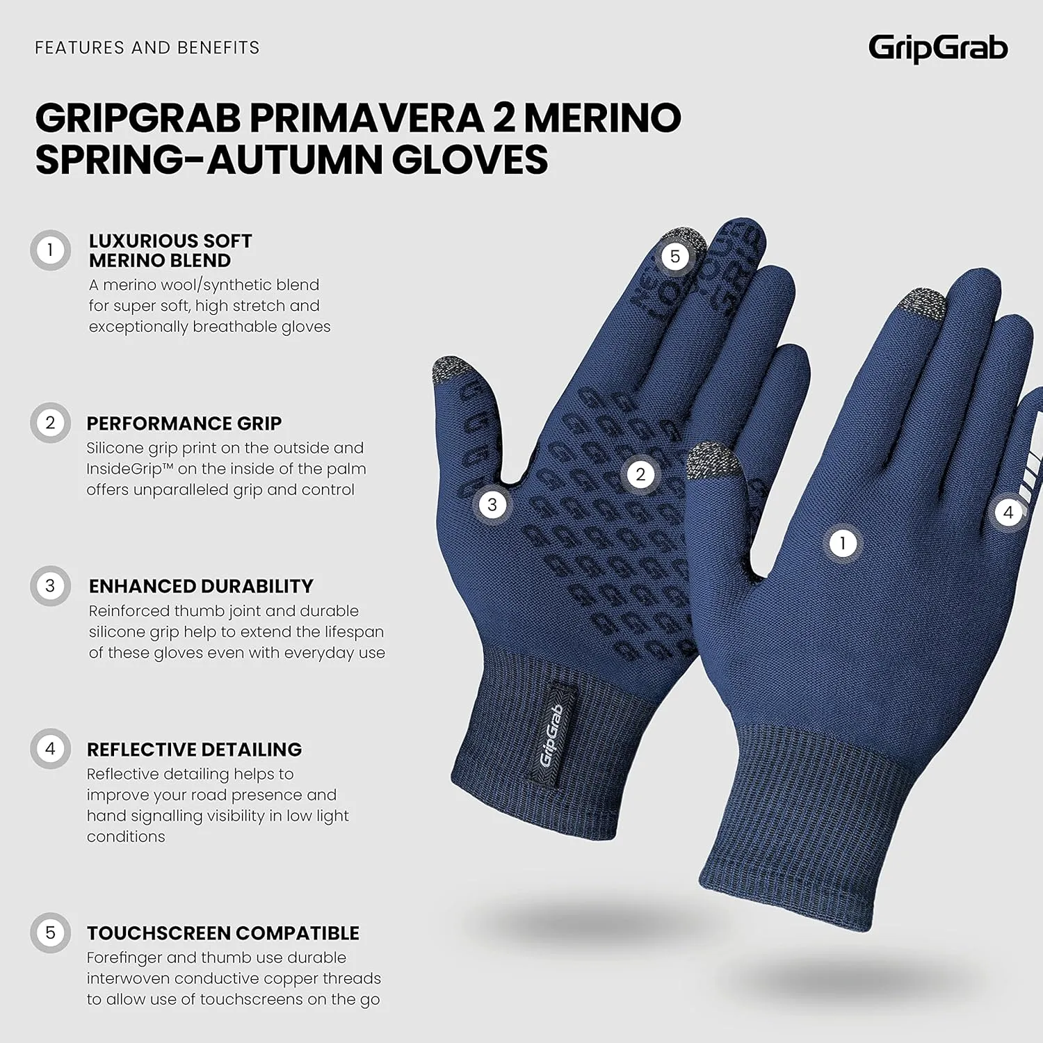 GripGrab Primavera Merino Wool Cycling Gloves - Full-Finger, Touchscreen, Anti-Slip, Liners
