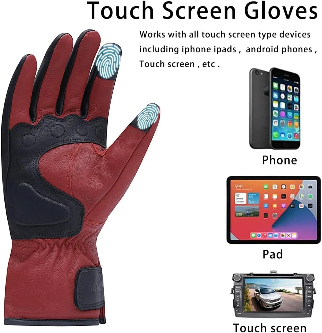 Harssidanzar Winter Motorcycle Glove,Mens Genuine Leather Full Finger Touchscreen Thermal Lined with Thinsulate Waterproof Motorcycles Motorbike Riding Gloves KM048,Oxblood-Black,Size L