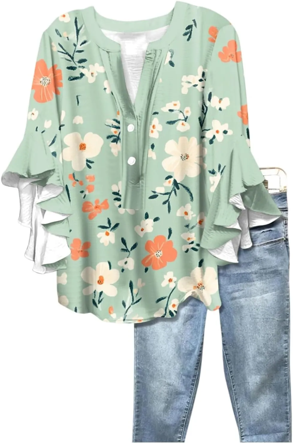 Hip Three Quarter Sleeve Plus Size Blouse Womens Summer Walking Printed T Shirts Ladies Loose Fit Comfy V