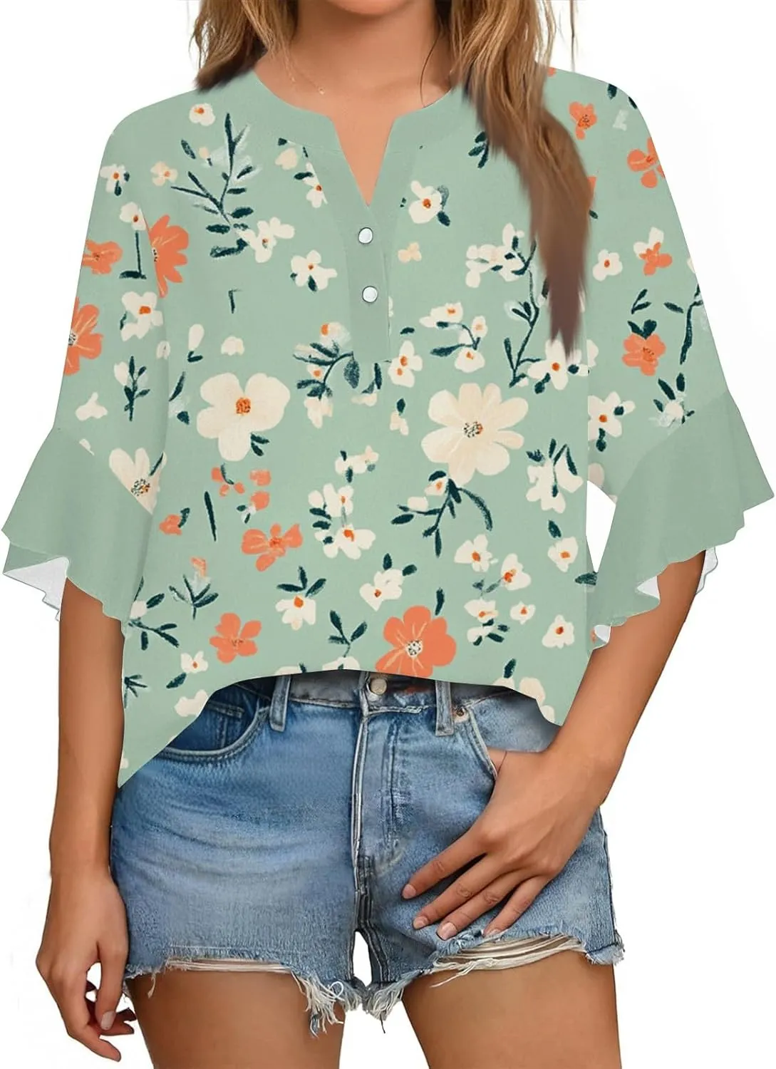 Hip Three Quarter Sleeve Plus Size Blouse Womens Summer Walking Printed T Shirts Ladies Loose Fit Comfy V