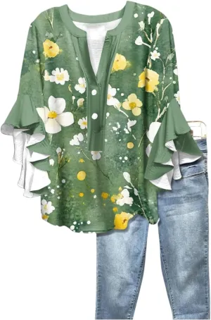 Hip Three Quarter Sleeve Plus Size Blouse Womens Summer Walking Printed T Shirts Ladies Loose Fit Comfy V