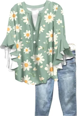 Hip Three Quarter Sleeve Plus Size Blouse Womens Summer Walking Printed T Shirts Ladies Loose Fit Comfy V