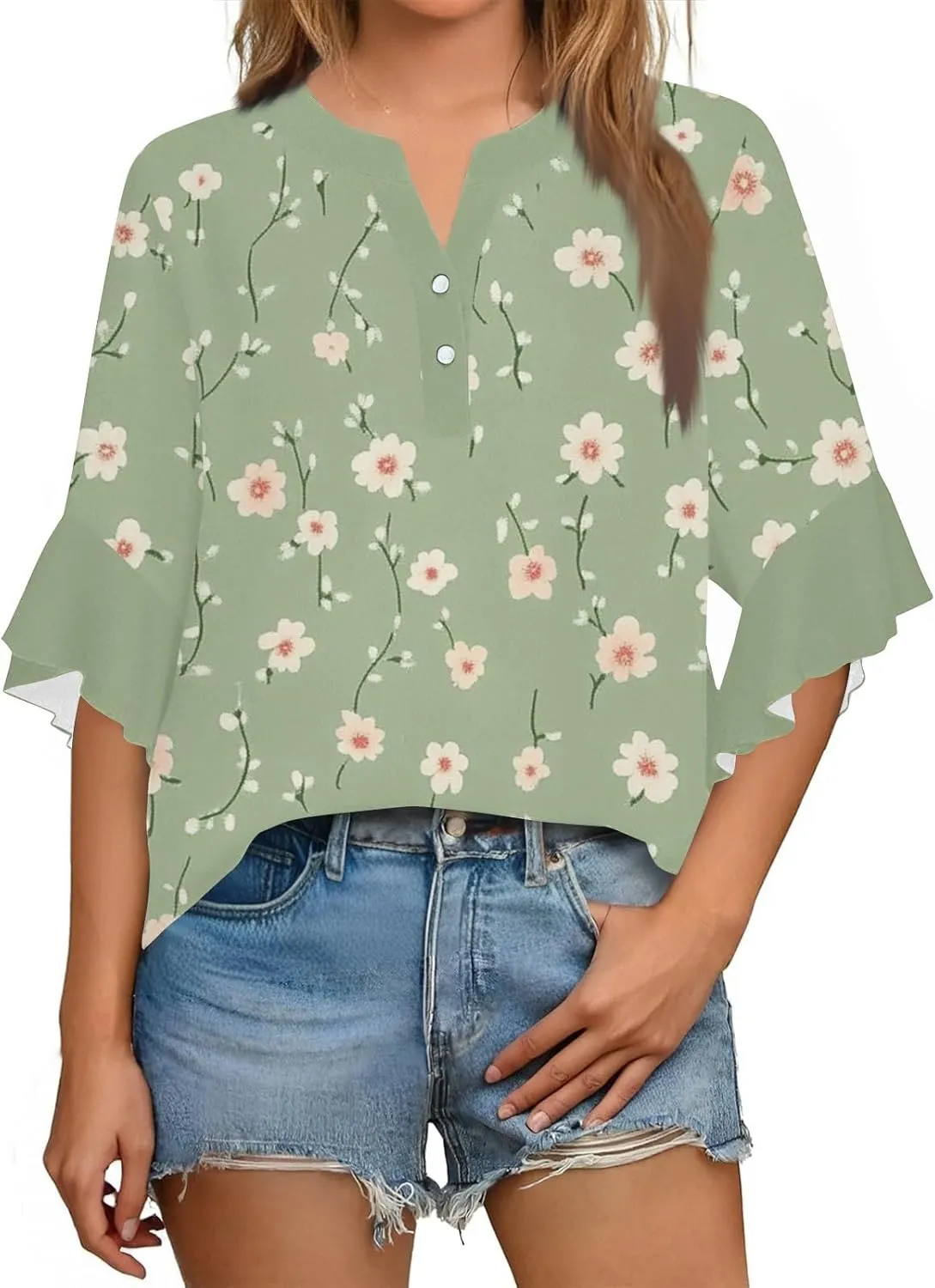 Hip Three Quarter Sleeve Plus Size Blouse Womens Summer Walking Printed T Shirts Ladies Loose Fit Comfy V