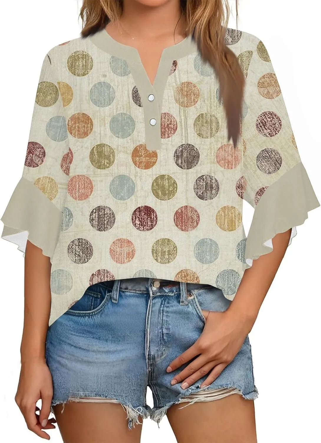 Hip Three Quarter Sleeve Plus Size Blouse Womens Summer Walking Printed T Shirts Ladies Loose Fit Comfy V