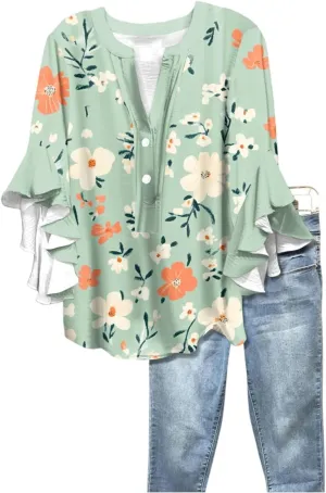 Hip Three Quarter Sleeve Plus Size Blouse Womens Summer Walking Printed T Shirts Ladies Loose Fit Comfy V