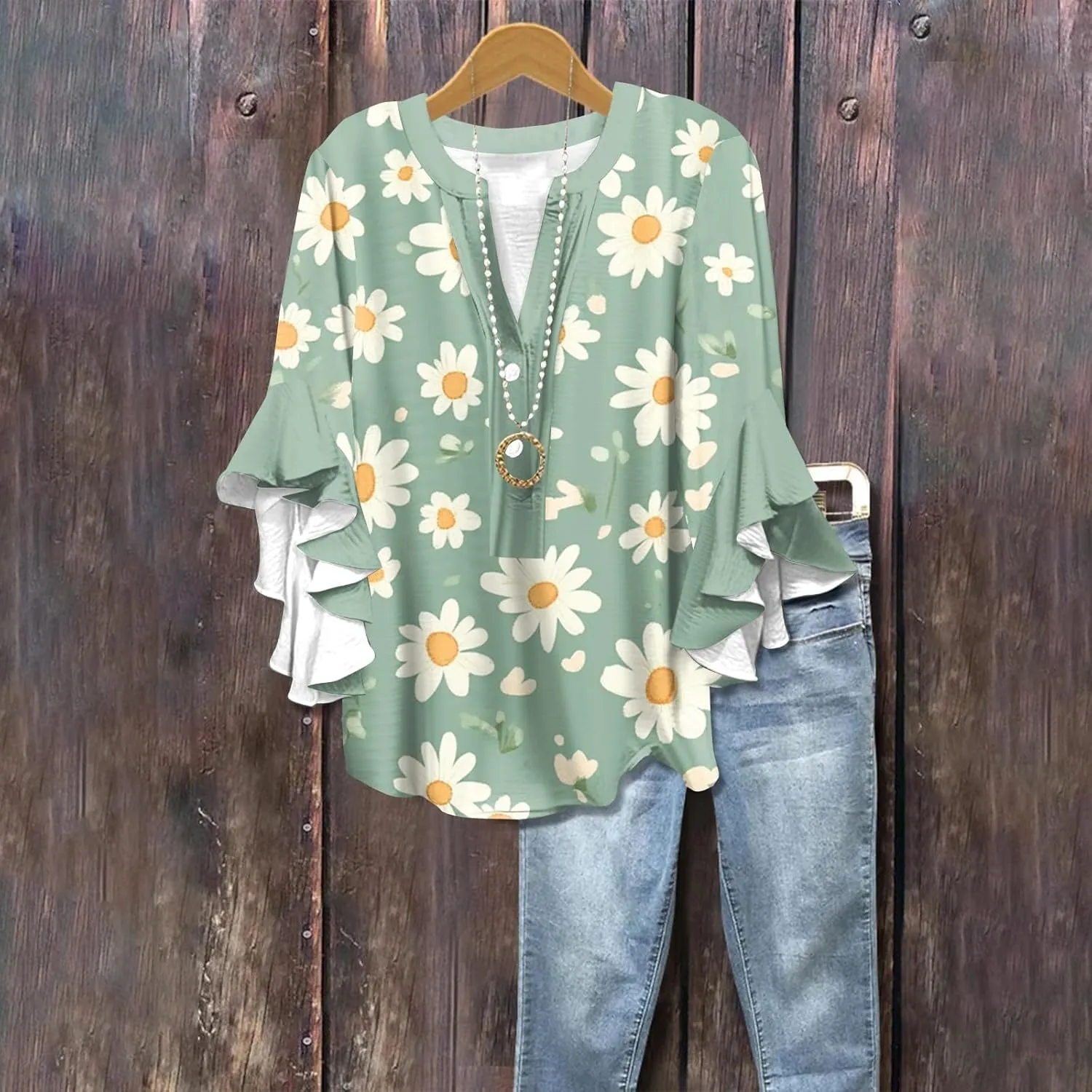 Hip Three Quarter Sleeve Plus Size Blouse Womens Summer Walking Printed T Shirts Ladies Loose Fit Comfy V