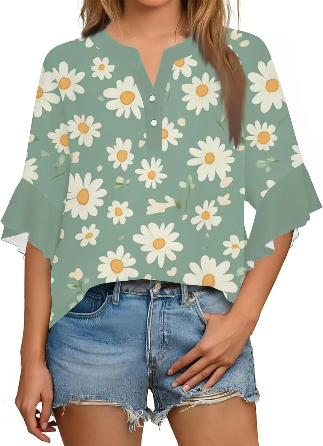 Hip Three Quarter Sleeve Plus Size Blouse Womens Summer Walking Printed T Shirts Ladies Loose Fit Comfy V