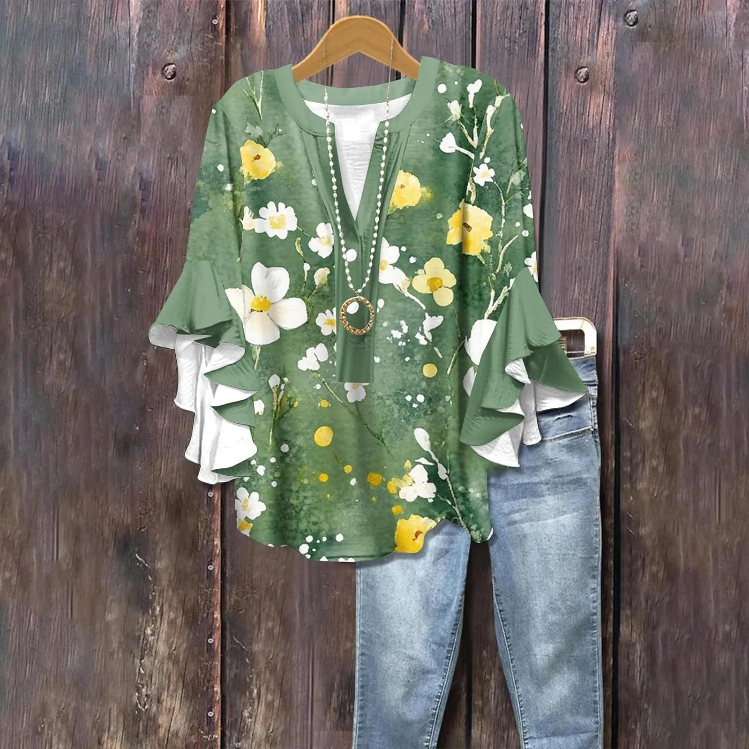 Hip Three Quarter Sleeve Plus Size Blouse Womens Summer Walking Printed T Shirts Ladies Loose Fit Comfy V