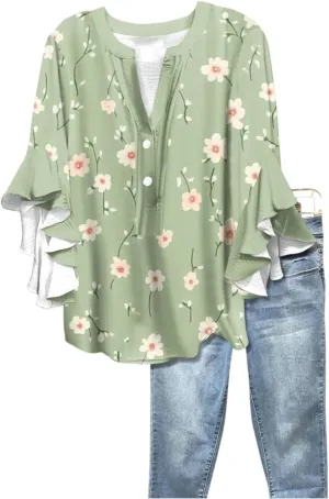 Hip Three Quarter Sleeve Plus Size Blouse Womens Summer Walking Printed T Shirts Ladies Loose Fit Comfy V
