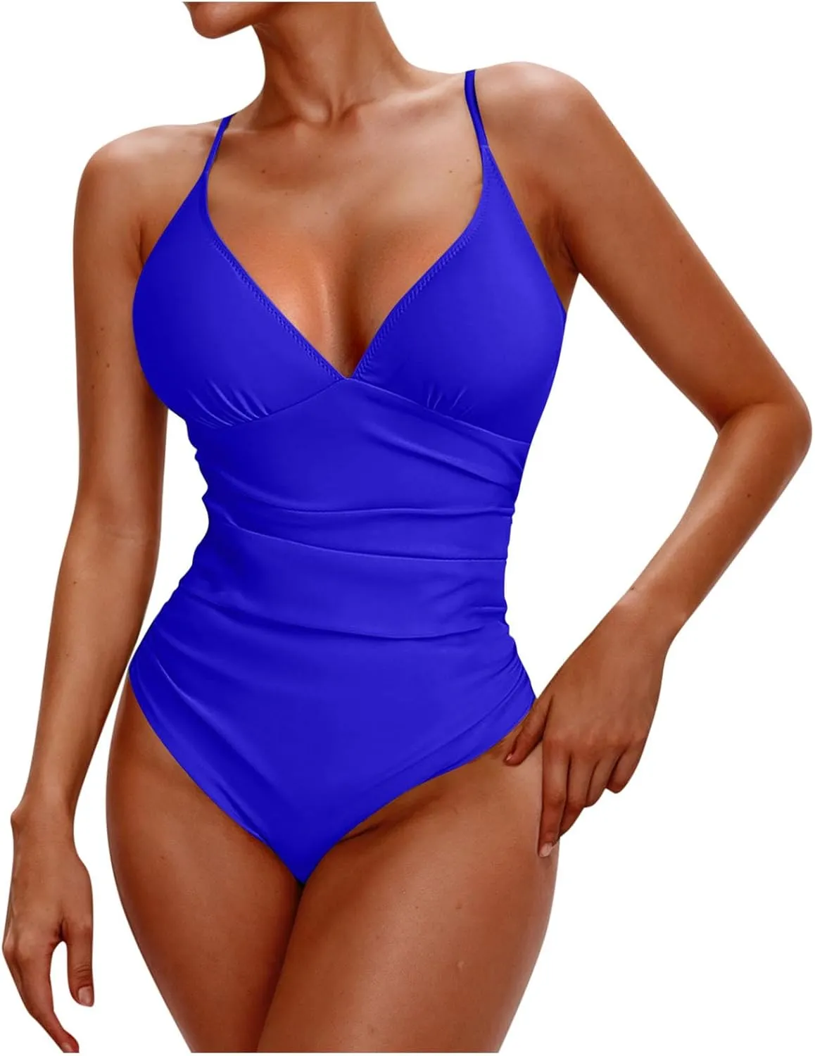 hlysgo One Piece Swimsuit Women Tummy Control High Waisted Deep V Neck Bathing Suit Ruched Modest Beach Swim Suits Monokini