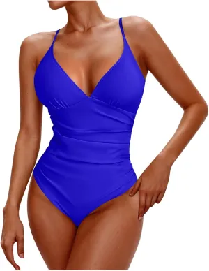 hlysgo One Piece Swimsuit Women Tummy Control High Waisted Deep V Neck Bathing Suit Ruched Modest Beach Swim Suits Monokini