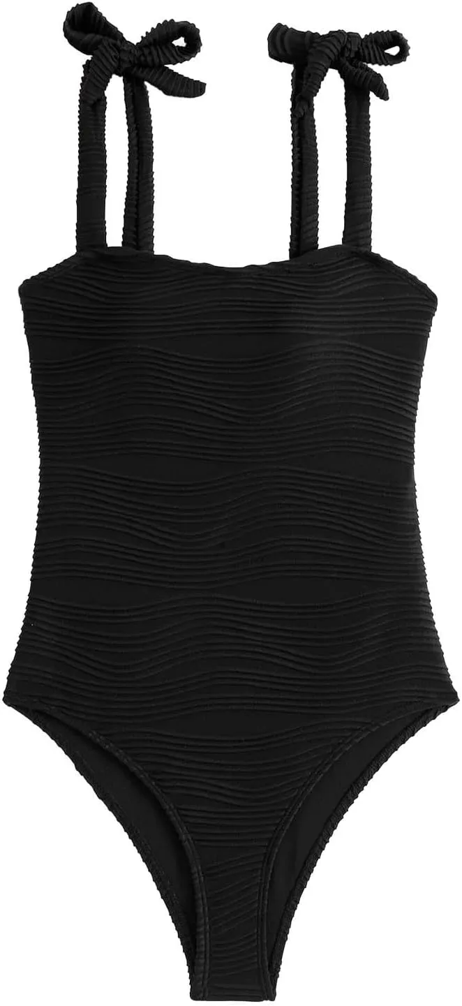hlysgo One Piece Swimsuit Women Tummy Control Swim Suits 2025 Trendy Tie Straps Bathing Suit Solid Modest Monokini Swimwear
