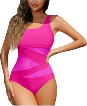 hlysgo Swimsuit for Women One Piece Bathing Suit Mesh Patchwork Adjustable Straps Monokini Tummy Control Modest Swimwear