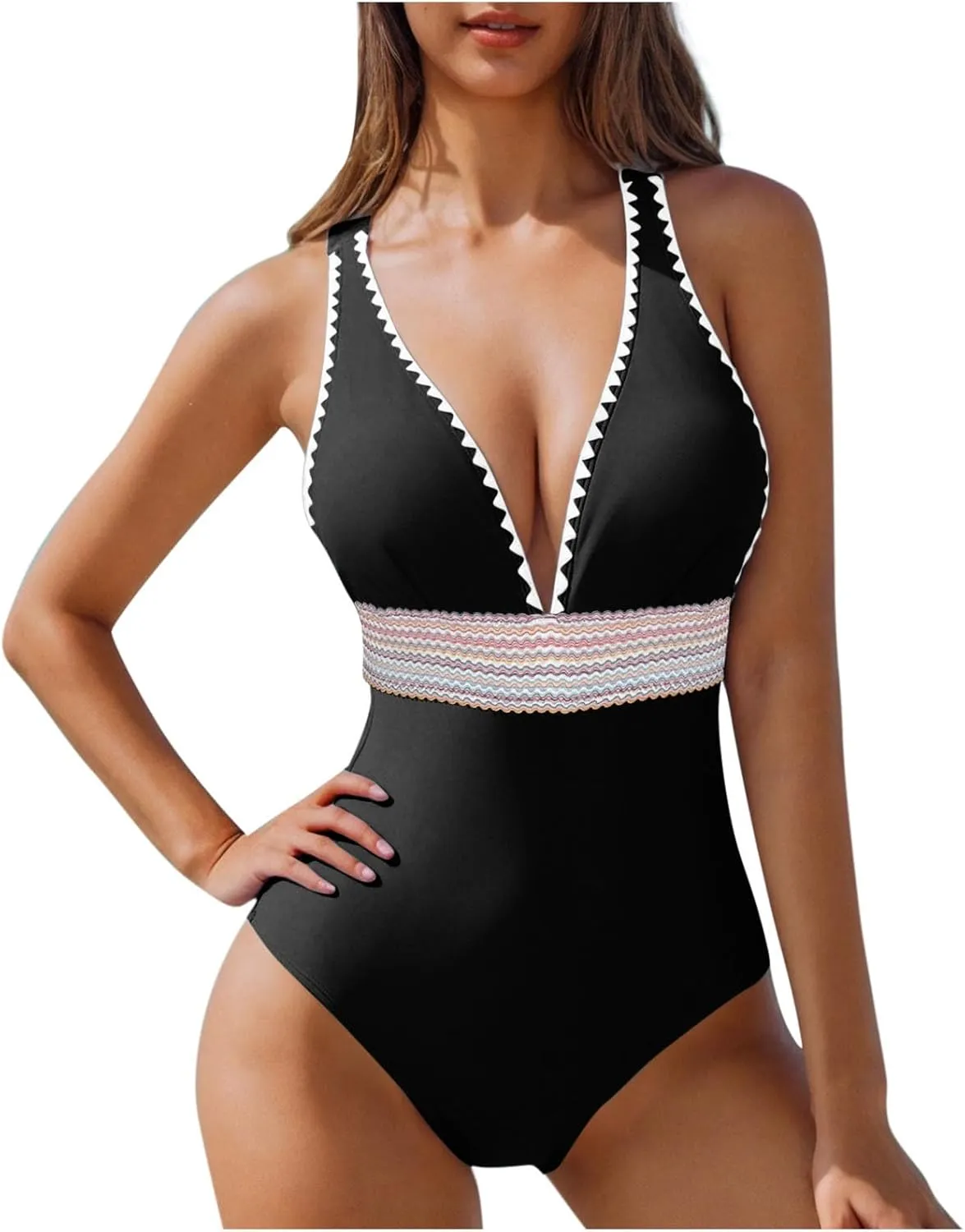 hlysgo Women Swimsuits One Piece Tummy Control Slimming Bathing Suits Color Block Modest Swim Suit Athletic V Neck Swimwear