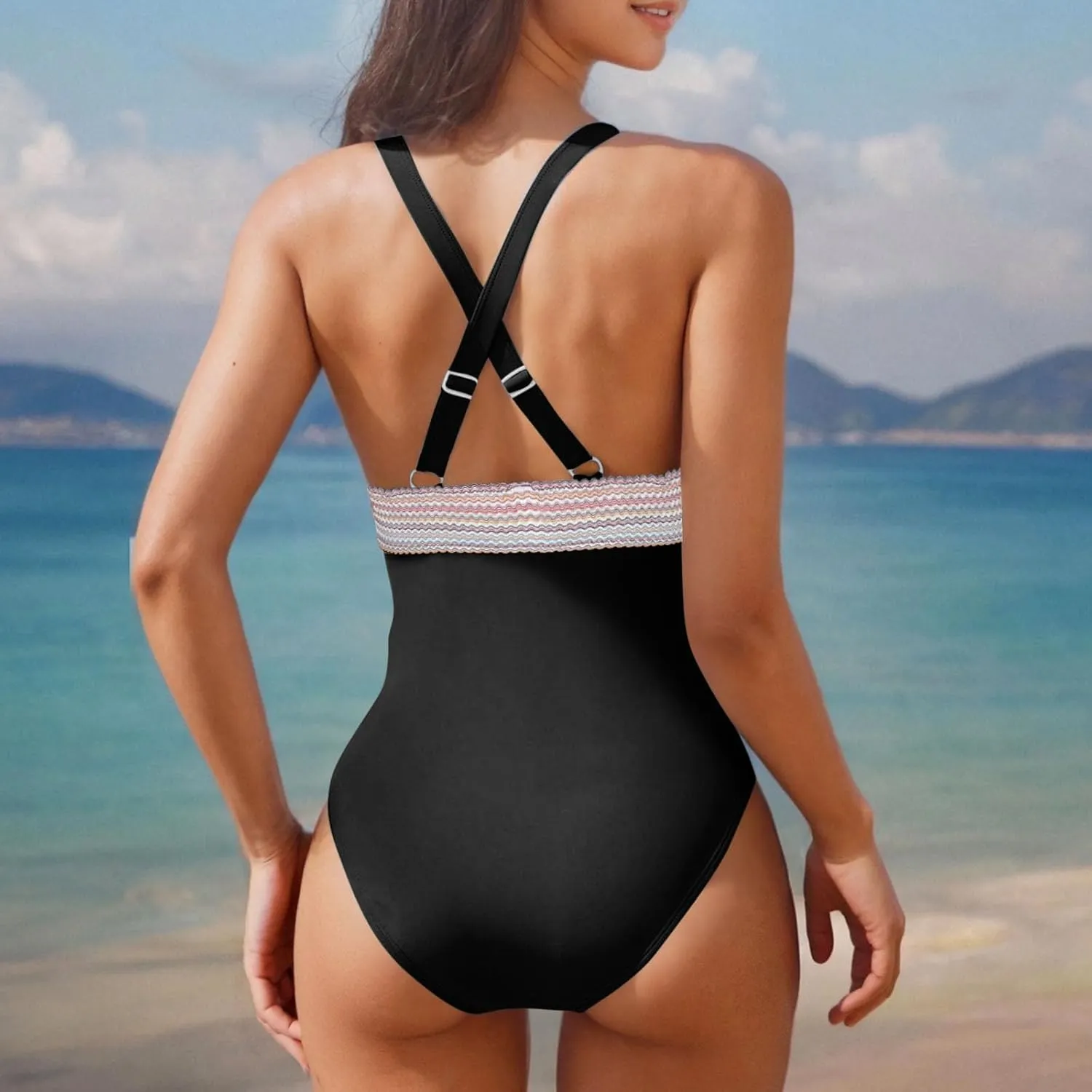 hlysgo Women Swimsuits One Piece Tummy Control Slimming Bathing Suits Color Block Modest Swim Suit Athletic V Neck Swimwear