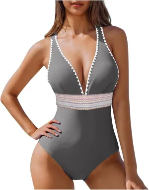 hlysgo Women Swimsuits One Piece Tummy Control Slimming Bathing Suits Color Block Modest Swim Suit Athletic V Neck Swimwear