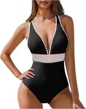 hlysgo Women Swimsuits One Piece Tummy Control Slimming Bathing Suits Color Block Modest Swim Suit Athletic V Neck Swimwear