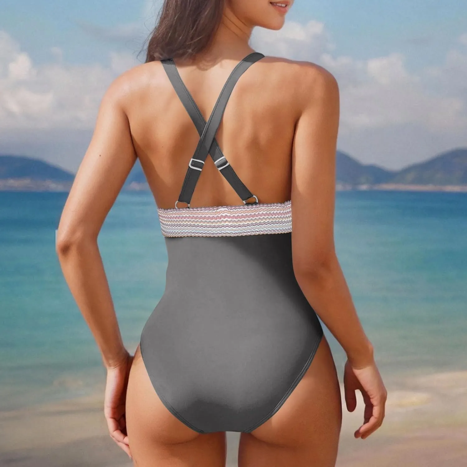hlysgo Women Swimsuits One Piece Tummy Control Slimming Bathing Suits Color Block Modest Swim Suit Athletic V Neck Swimwear