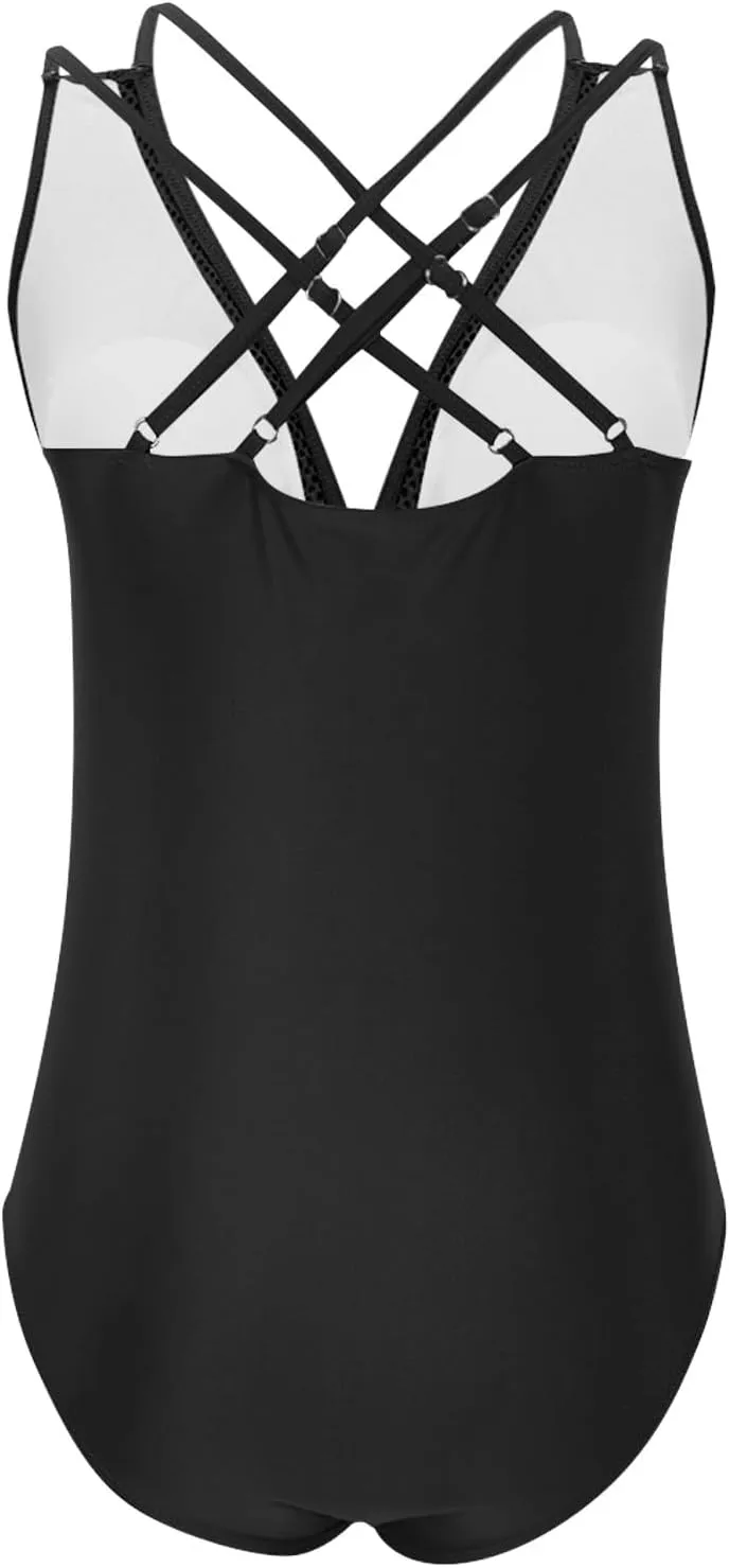 hlysgo Womens Swimsuits One Piece Slimming Deep V Neck Bathing Suit Tummy Control Mesh Patchwork Athletic Swimwear Monokini