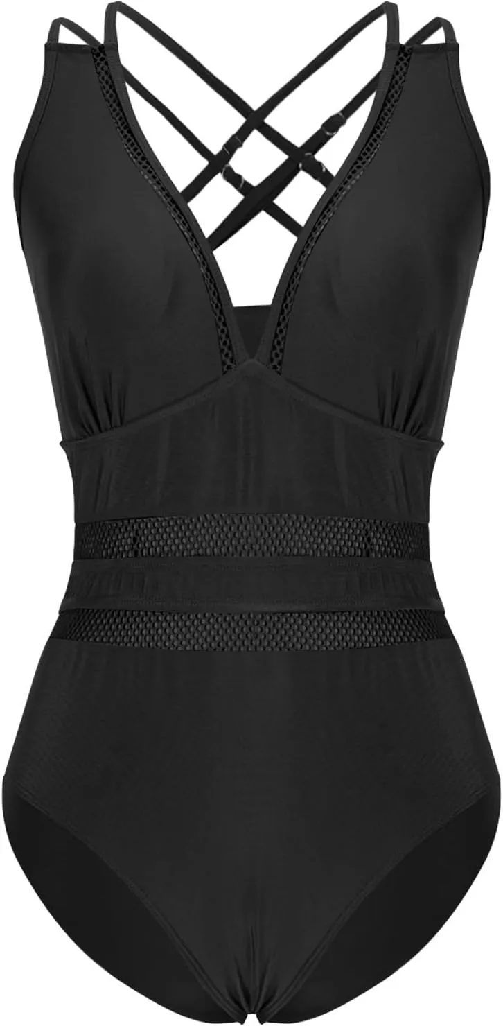 hlysgo Womens Swimsuits One Piece Slimming Deep V Neck Bathing Suit Tummy Control Mesh Patchwork Athletic Swimwear Monokini