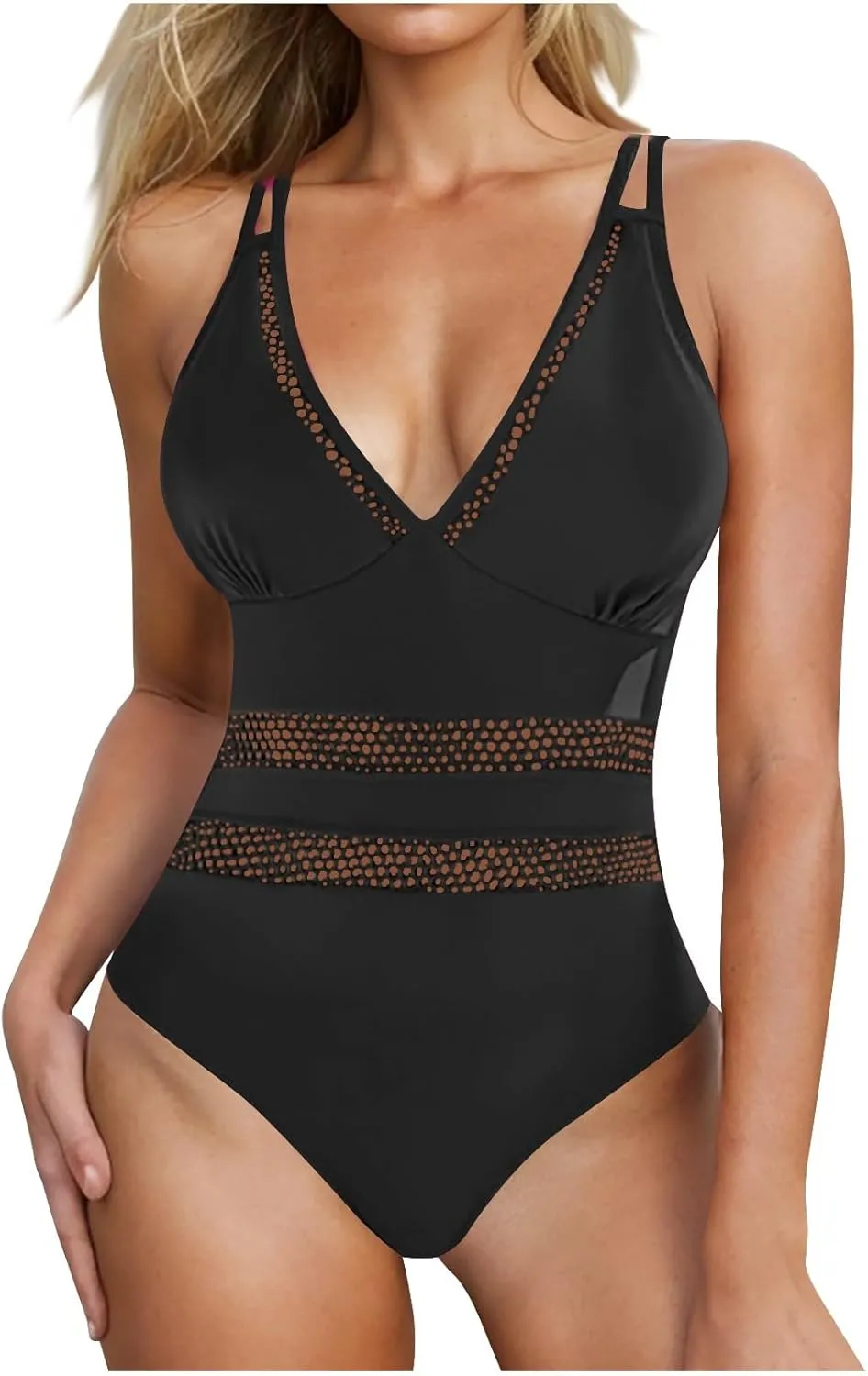 hlysgo Womens Swimsuits One Piece Slimming Deep V Neck Bathing Suit Tummy Control Mesh Patchwork Athletic Swimwear Monokini