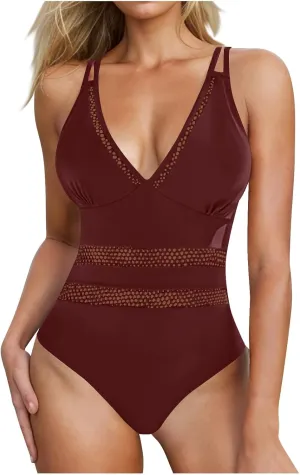 hlysgo Womens Swimsuits One Piece Slimming Deep V Neck Bathing Suit Tummy Control Mesh Patchwork Athletic Swimwear Monokini