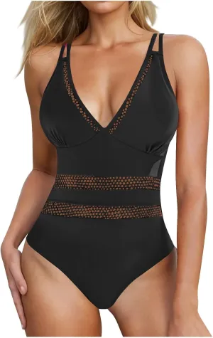 hlysgo Womens Swimsuits One Piece Slimming Deep V Neck Bathing Suit Tummy Control Mesh Patchwork Athletic Swimwear Monokini