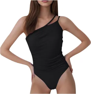 hlysgo Women's Swimsuits One Piece Tummy Control One Shoulder Spaghetti Straps Monokini High Waisted Full Coverage Swimwear