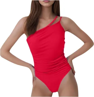 hlysgo Women's Swimsuits One Piece Tummy Control One Shoulder Spaghetti Straps Monokini High Waisted Full Coverage Swimwear