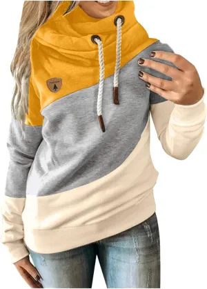 Hooded Sweatshirts Women Plus Size Colorblock Patchwork String Hoodies Casual Comfy Pullover Tunics Sweater Fashion