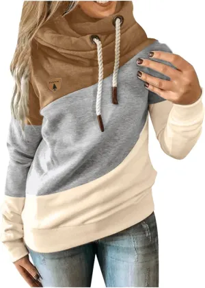Hooded Sweatshirts Women Plus Size Colorblock Patchwork String Hoodies Casual Comfy Pullover Tunics Sweater Fashion