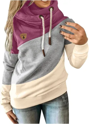Hooded Sweatshirts Women Plus Size Colorblock Patchwork String Hoodies Casual Comfy Pullover Tunics Sweater Fashion