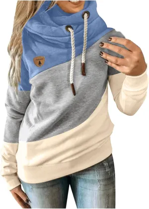 Hooded Sweatshirts Women Plus Size Colorblock Patchwork String Hoodies Casual Comfy Pullover Tunics Sweater Fashion