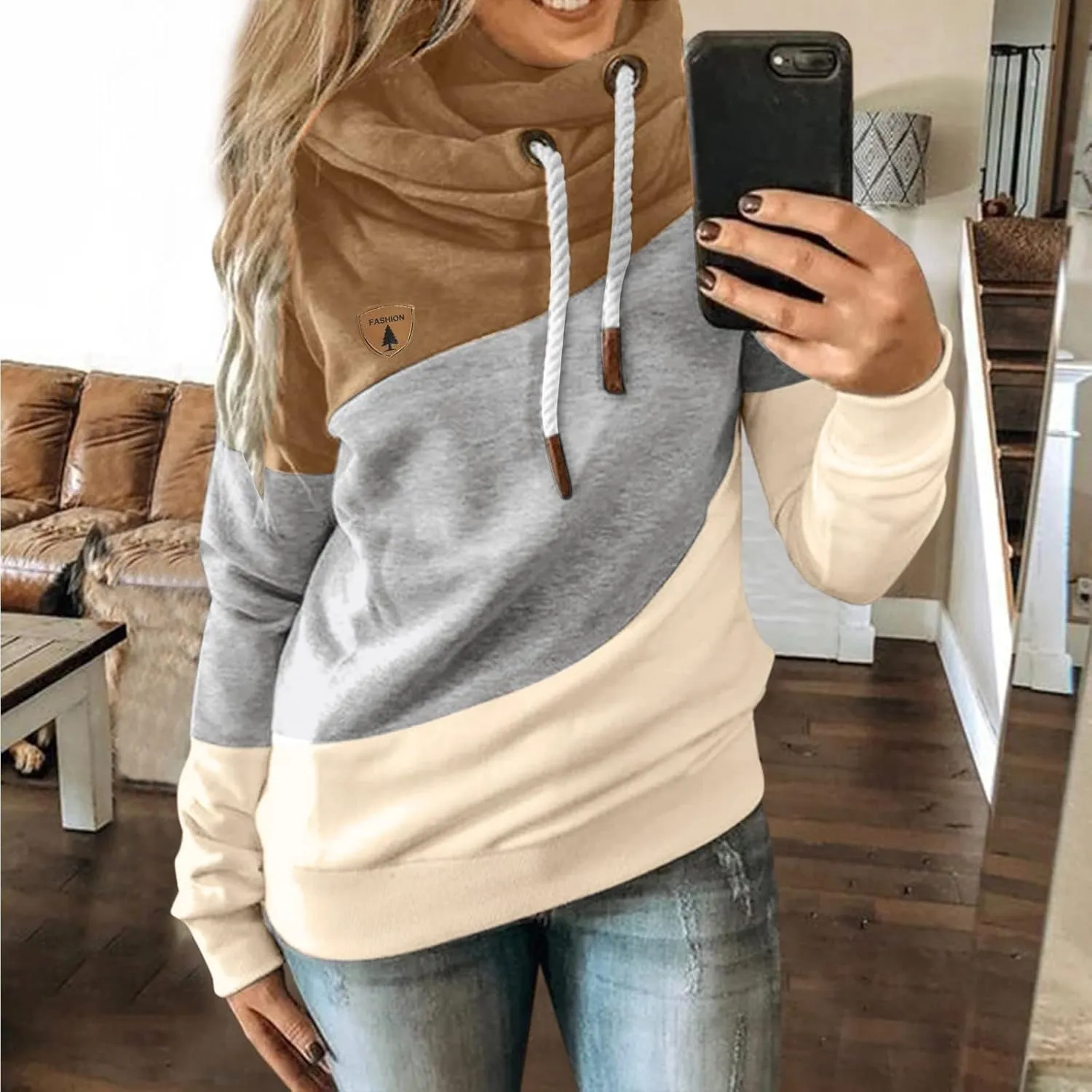 Hooded Sweatshirts Women Plus Size Colorblock Patchwork String Hoodies Casual Comfy Pullover Tunics Sweater Fashion