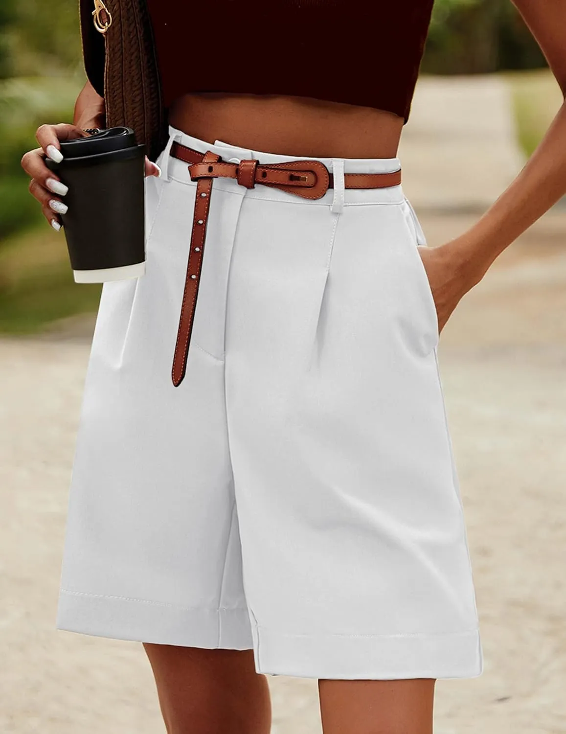 HOTOUCH Bermuda Shorts for Women Summer Dressy Casual Elastic High Waisted Wide Leg Knee Length Shorts with Pockets