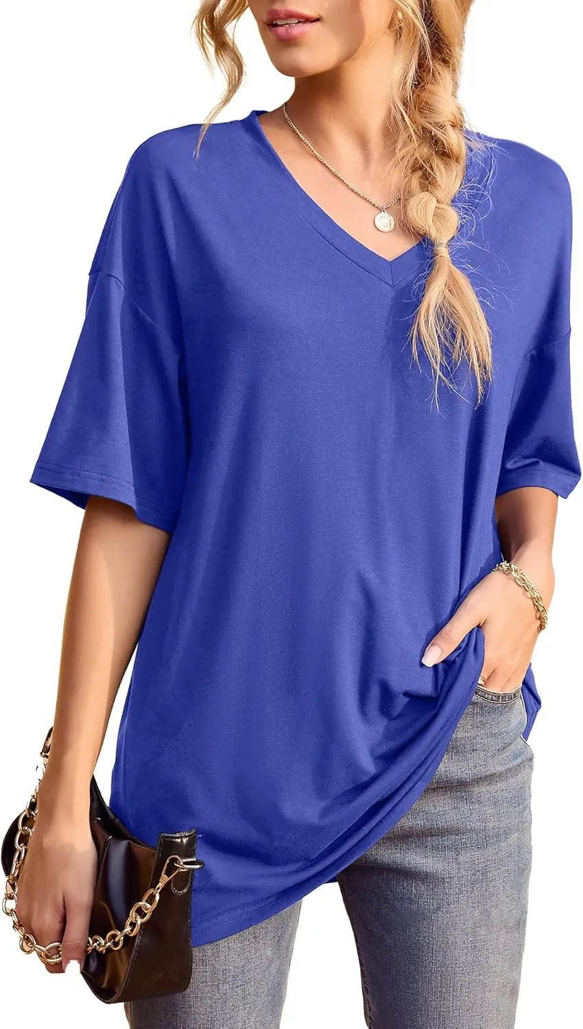 Iandroiy Womens Short Sleeve Tops Dolman V Neck T-Shirts Summer Casual Tunic Tops