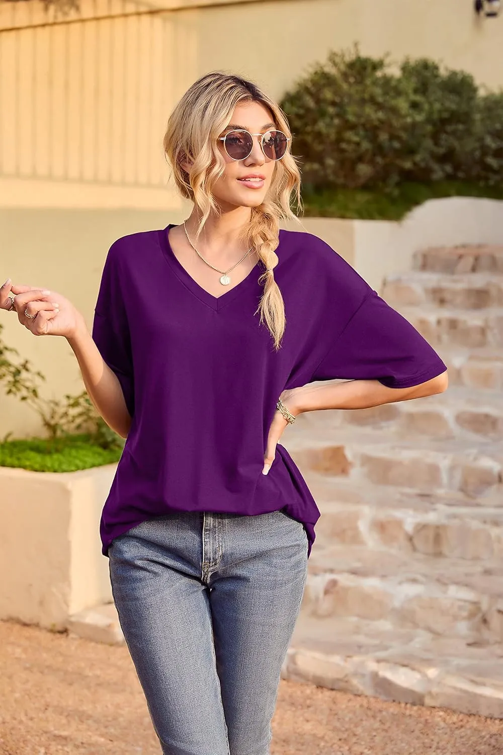 Iandroiy Womens Short Sleeve Tops Dolman V Neck T-Shirts Summer Casual Tunic Tops