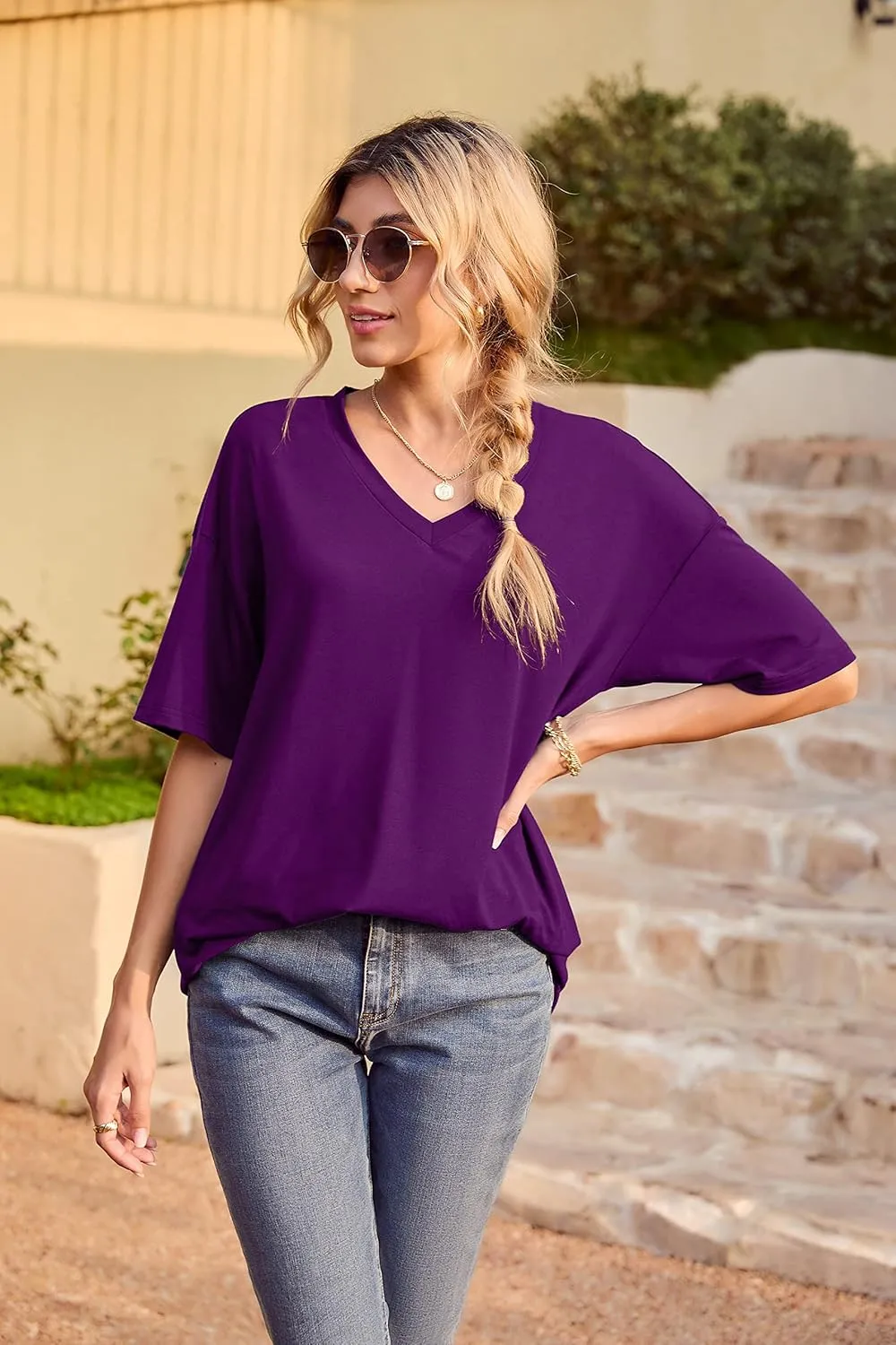 Iandroiy Womens Short Sleeve Tops Dolman V Neck T-Shirts Summer Casual Tunic Tops