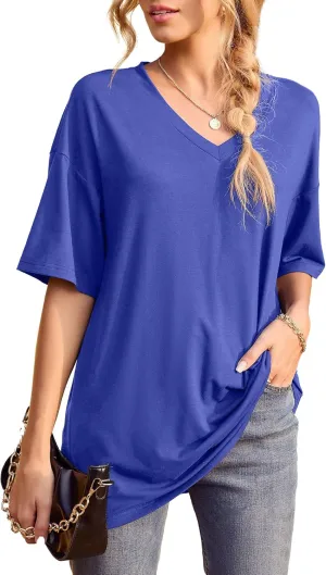 Iandroiy Womens Short Sleeve Tops Dolman V Neck T-Shirts Summer Casual Tunic Tops