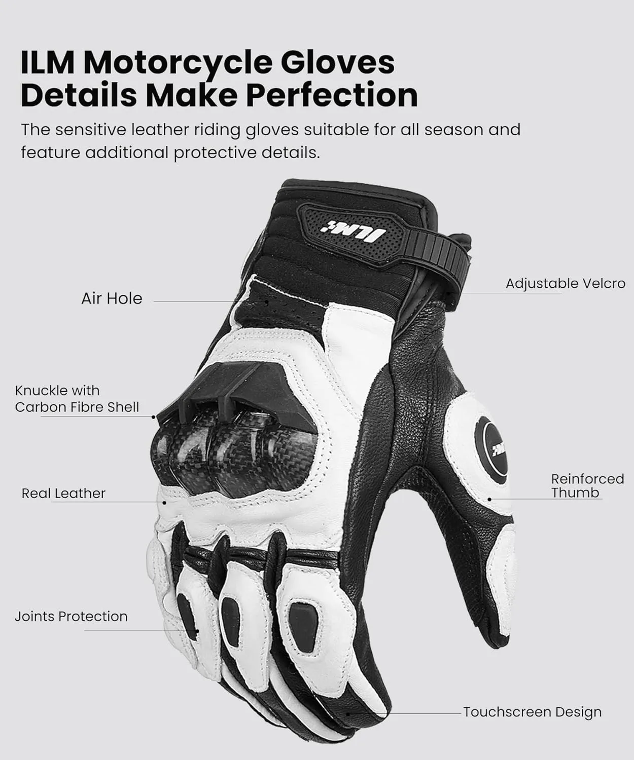 ILM Air Flow Leather Motorcycle Gloves Touchscreen for Men and Women Model-GRC01 (M, White)