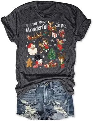 It's The Most Wonderful Time Christmas Shirts Women Santa Snowman Reindeer T-Shirts Xmas Graphic Tee Holiday Tops