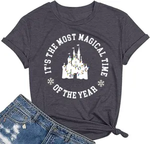 It's The Most Wonderful Time Christmas Shirts Women Santa Snowman Reindeer T-Shirts Xmas Graphic Tee Holiday Tops