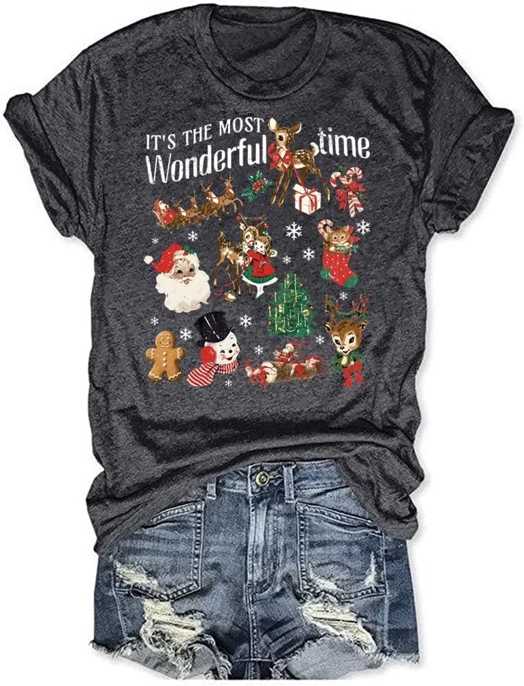 It's The Most Wonderful Time Christmas Shirts Women Santa Snowman Reindeer T-Shirts Xmas Graphic Tee Holiday Tops